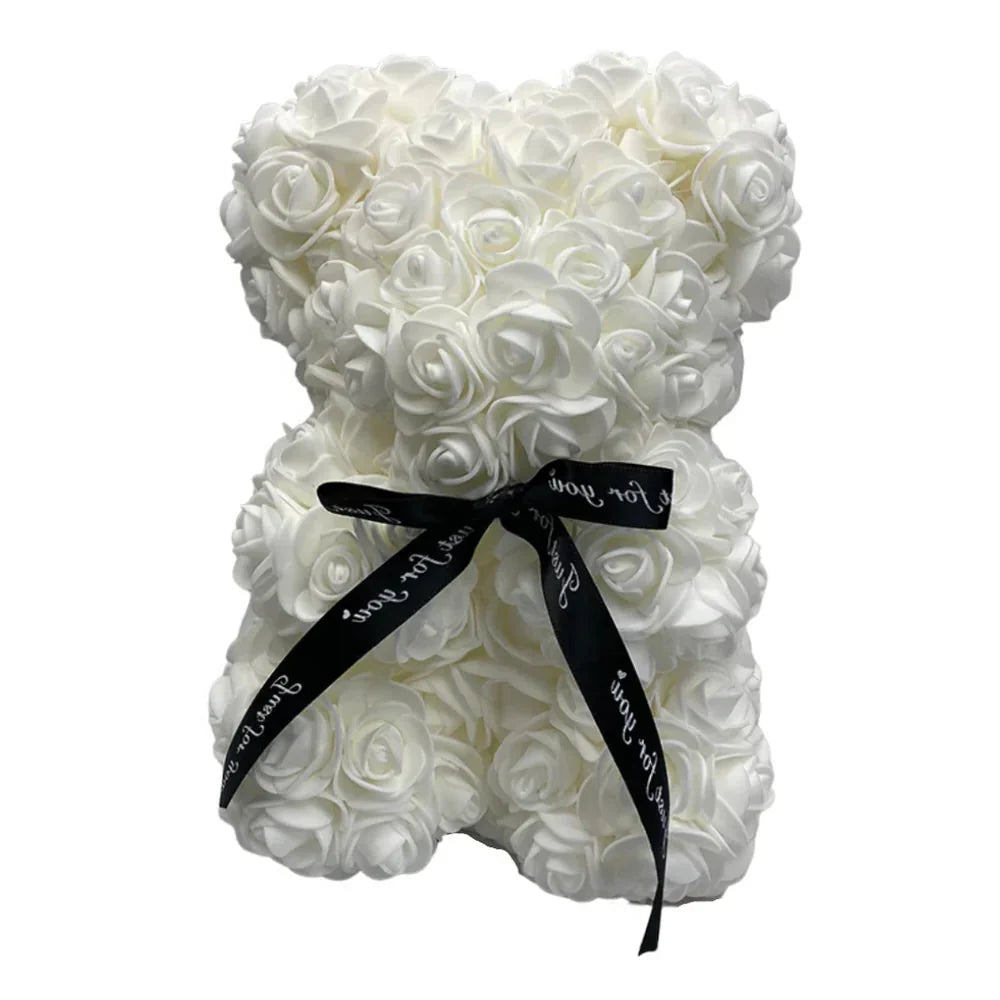 Belro Roses teddy bear wearing a white clothing outfit, designed for men, with soft fabric and floral rose details.