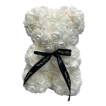 Belro Roses teddy bear wearing a white clothing outfit, designed for men, with soft fabric and floral rose details.