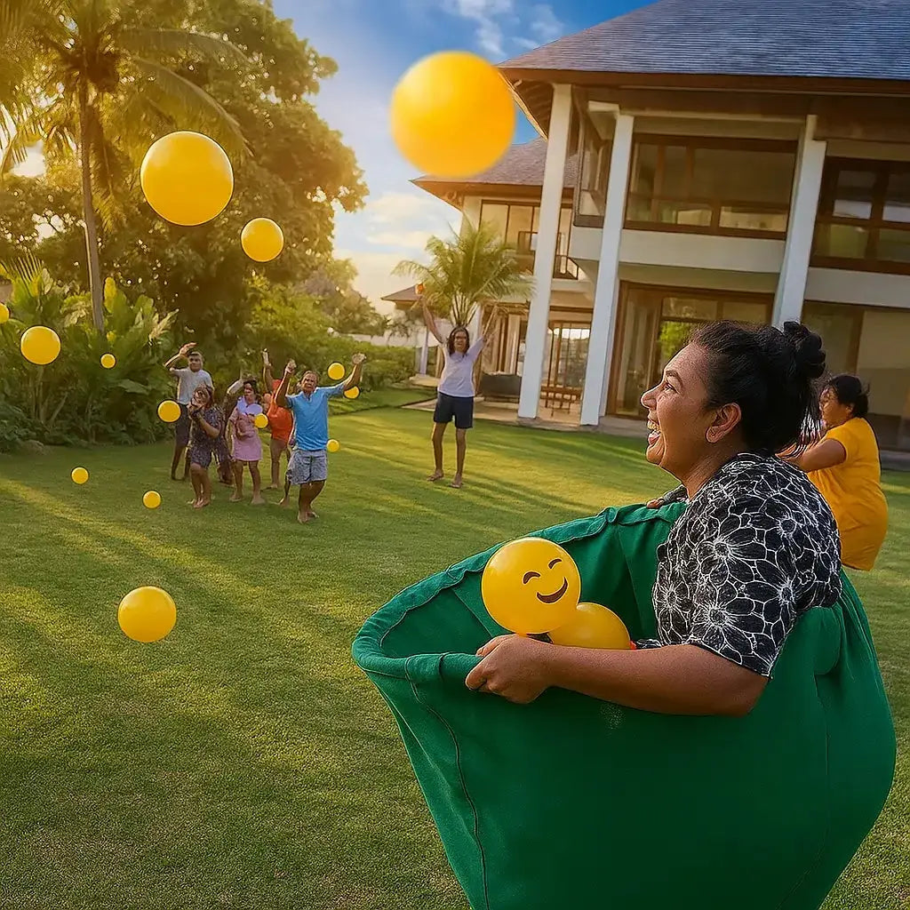 Giant Pants outdoor game by Mivoza with bouncy balls, perfect for family parties and group catching fun in outdoor settings.