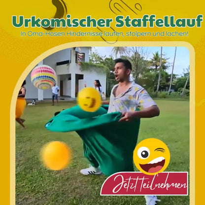 Giant Pants Outdoor Game by Mivoza featuring large bouncy balls for fun family catch and group party outdoor play.