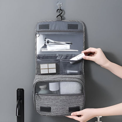 Men's hanging toiletry bag made of durable Oxford fabric by Belro, featuring multiple compartments for travel organization.