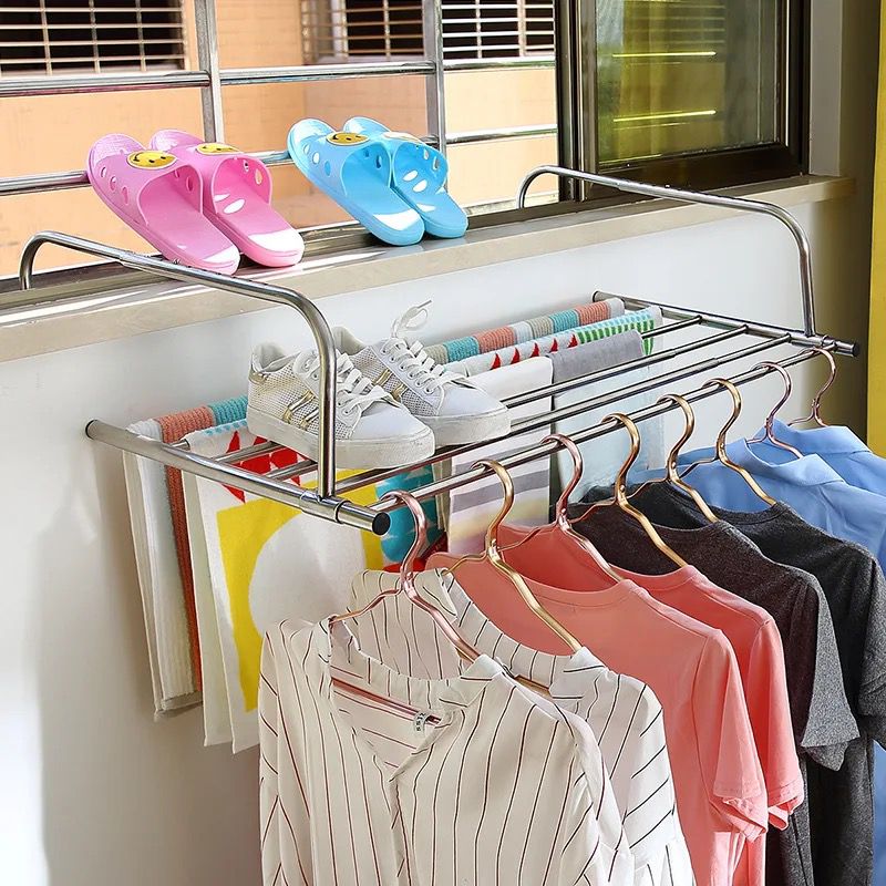 Belro stainless steel extendable foldable balcony clothes dryer with multiple drying bars for outdoor laundry.