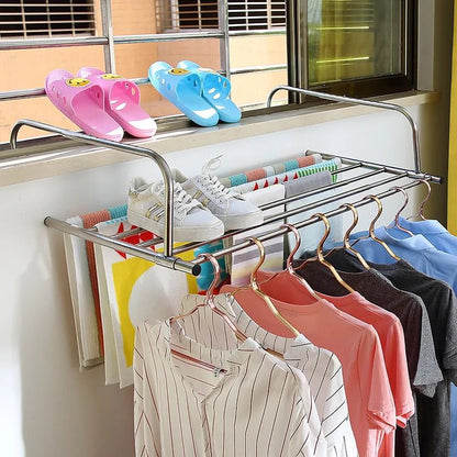 Belro stainless steel extendable foldable balcony clothes dryer with multiple drying bars for outdoor laundry.