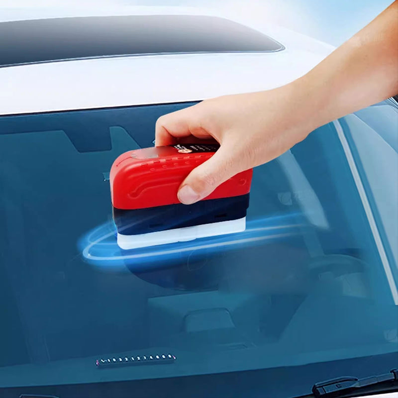 Belro Efficient Car Glass Oil Film Cleaner for home and garden, showing a clear, spotless car window with a cleaning cloth.
