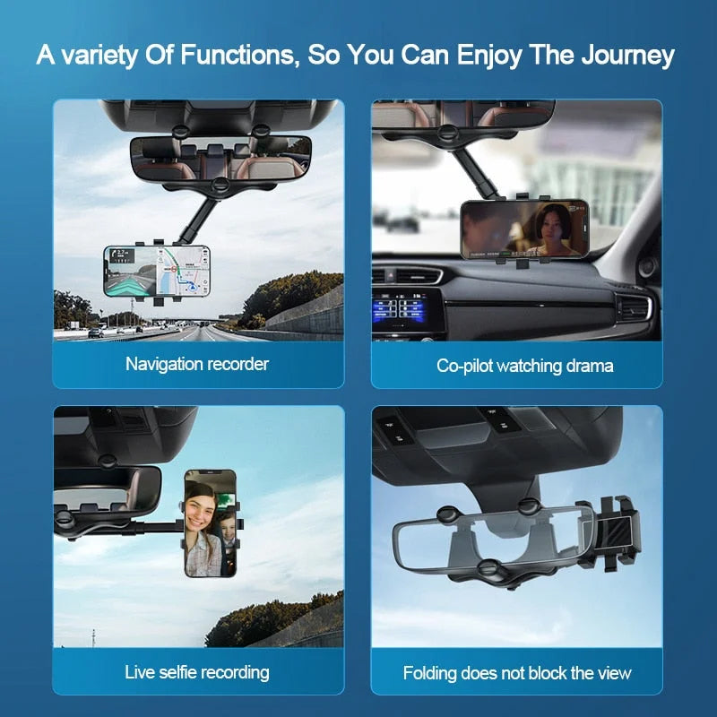 Belro 360° rotating multifunctional car mirror phone holder attached to a car mirror, showcasing adjustable design and secure grip.
