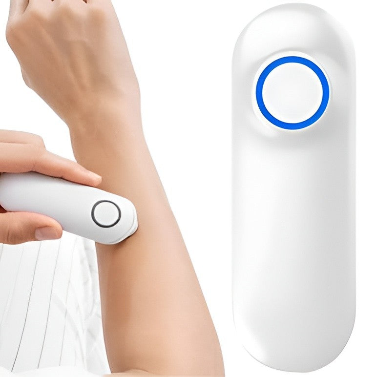 Belro mosquito bite relief device in use, designed to soothe and reduce swelling from mosquito bites, part of health and first aid products.