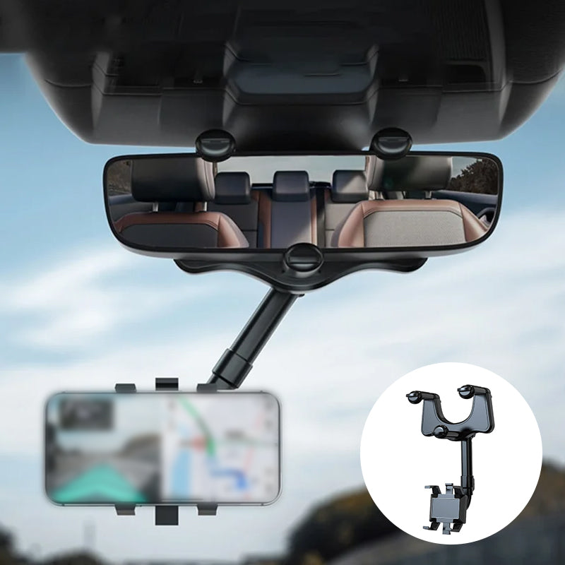 Belro 360° rotating multifunctional car mirror phone holder attached to a car mirror, holding a smartphone securely.