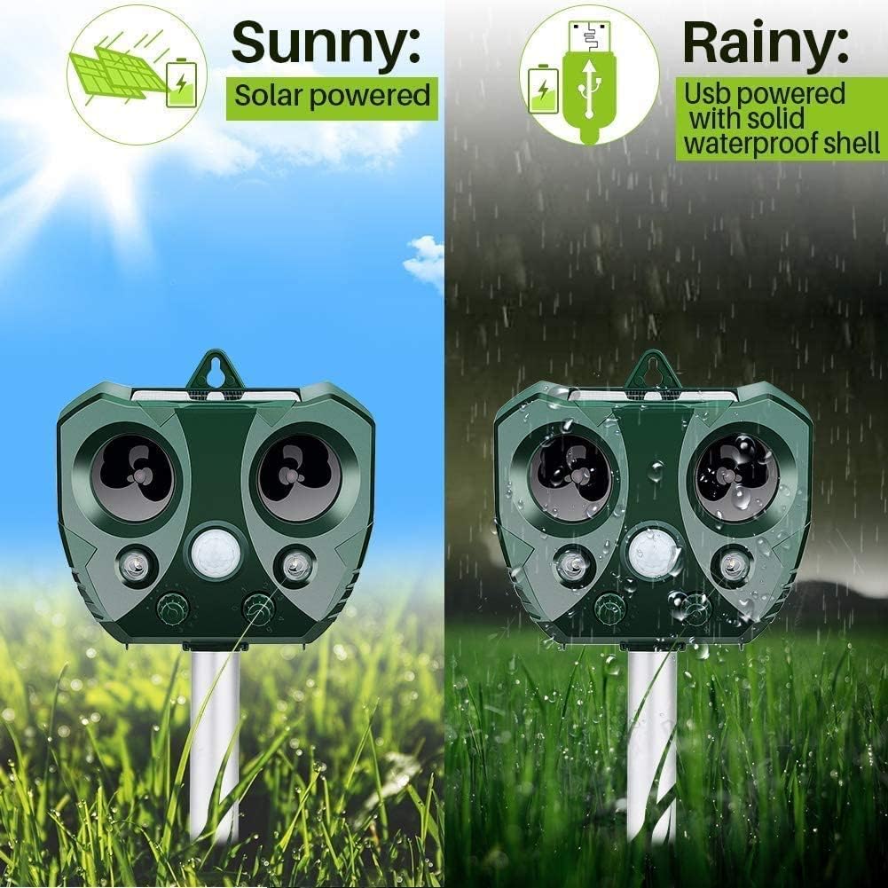 Belro Solar Ultrasonic Animal Repeller in a garden setting, showing device with solar panel and outdoor pest control features.