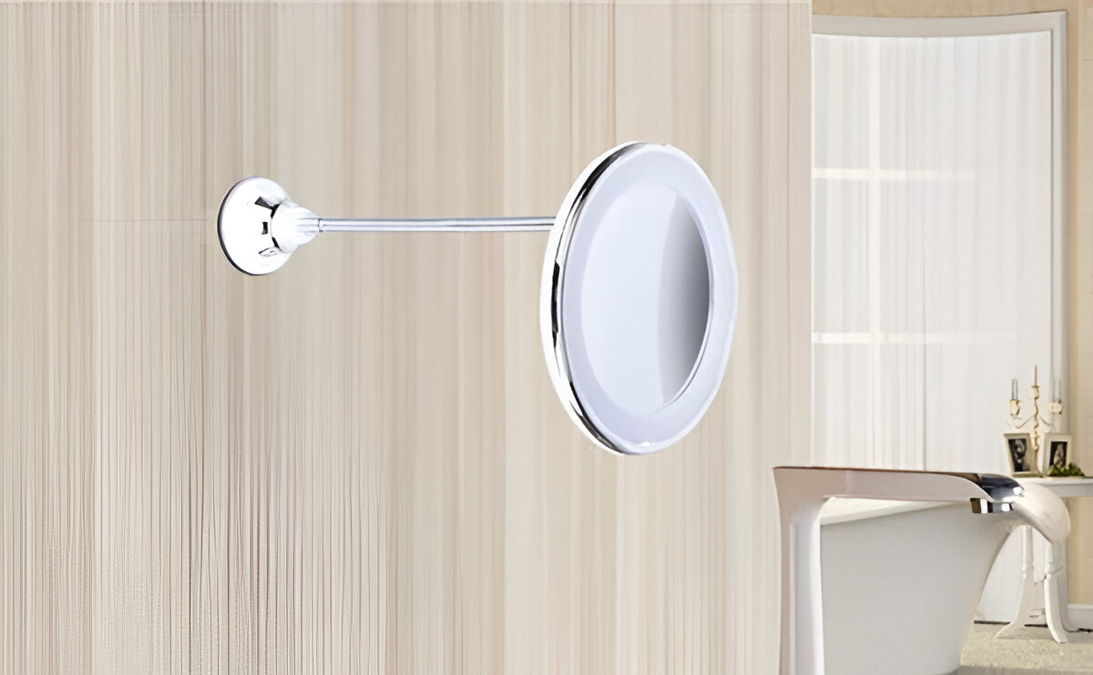 Belro 10X LED mirror with suction cup, compact tools and hardware for precise lighting and magnification.