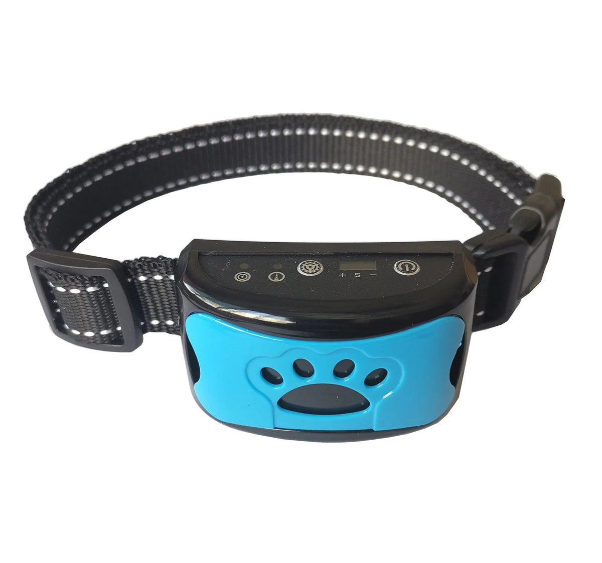 Belro animal-friendly anti-bark dog collar for training, shown on a brown dog, in a pet supplies setting.