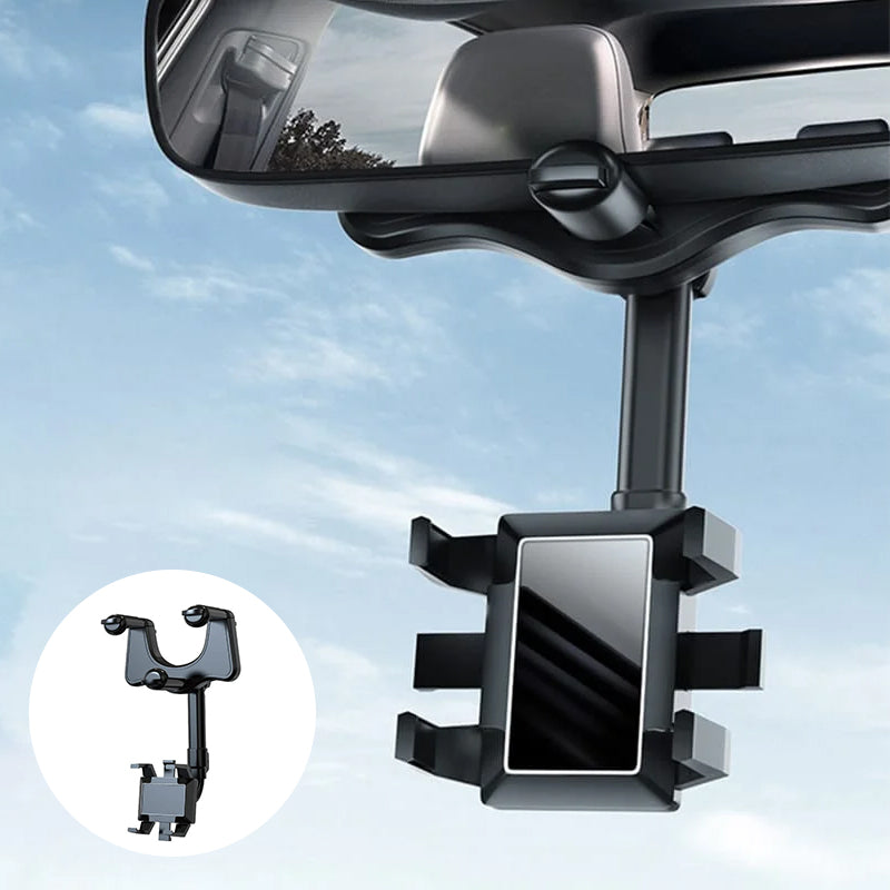 Belro 360° rotating multifunctional car mirror phone holder attached to a vehicle mirror for hands-free device use