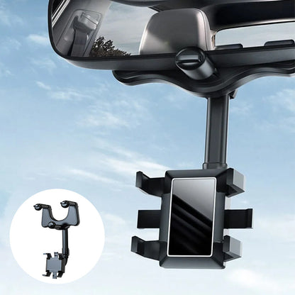 Belro 360° rotating multifunctional car mirror phone holder attached to a vehicle mirror for hands-free device use