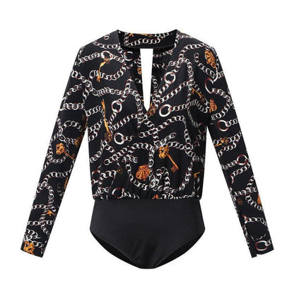 Belro vintage printed bodysuit with colorful floral design, form-fitting underwear and lingerie clothing item, close-up shot.