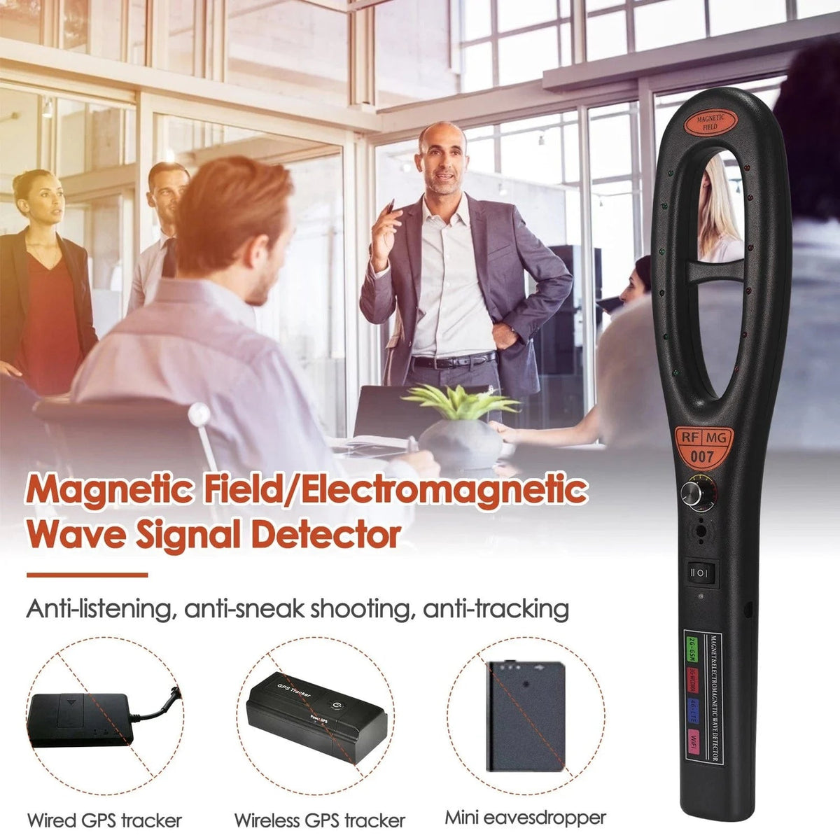 Belro GPS Tracker Detector showing electronic device with digital display and detection sensors in a close-up view.