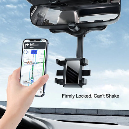 Belro 360° rotating multifunctional car mirror phone holder attached to a vehicle mirror for hands-free device use