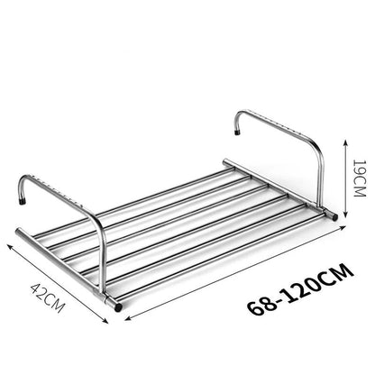 Belro stainless steel extendable foldable balcony clothes dryer with multiple drying bars for indoor or outdoor laundry.
