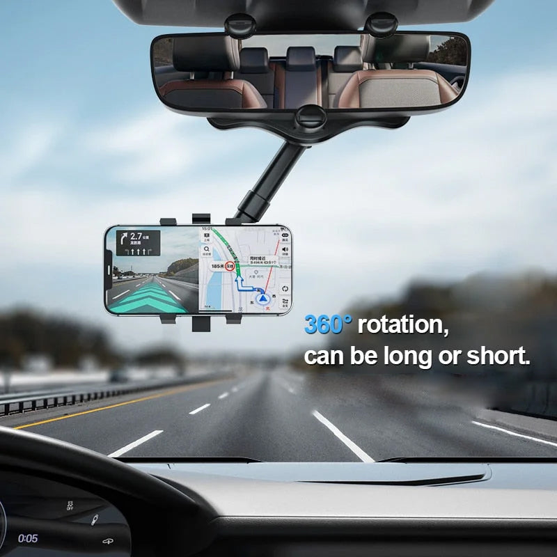 Belro 360° rotating multifunctional car mirror phone holder attached to a vehicle mirror for hands-free device use.