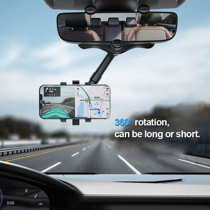 Belro 360° rotating multifunctional car mirror phone holder attached to a vehicle mirror for hands-free device use.