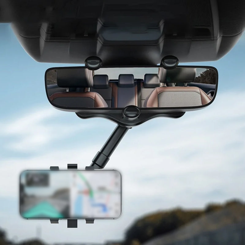 Belro 360° rotating car mirror phone holder attached to a vehicle mirror, showcasing adjustable design for hands-free phone use.