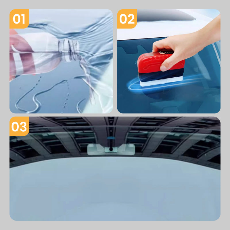 Belro Efficient Car Glass Oil Film Cleaner showing a clear car windshield with a clean, streak-free surface.