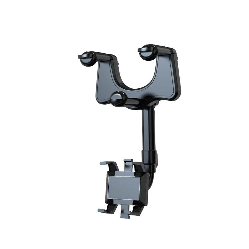 Belro 360° rotating multifunctional car mirror phone holder attached to a car mirror, adjustable for secure smartphone mounting.