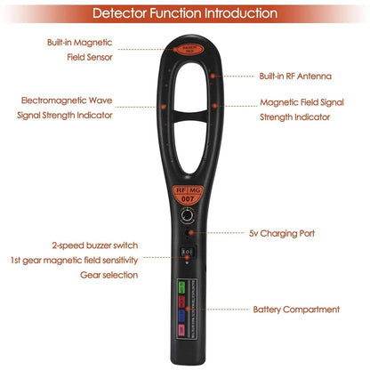 Belro GPS Tracker Detector showing a compact electronic device with buttons and display for detecting GPS trackers.