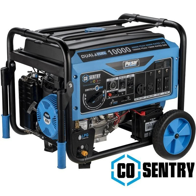 Casavibeo Pulsar 10,000 Watt dual fuel portable generator with sturdy frame and control panel, ready for outdoor power needs.
