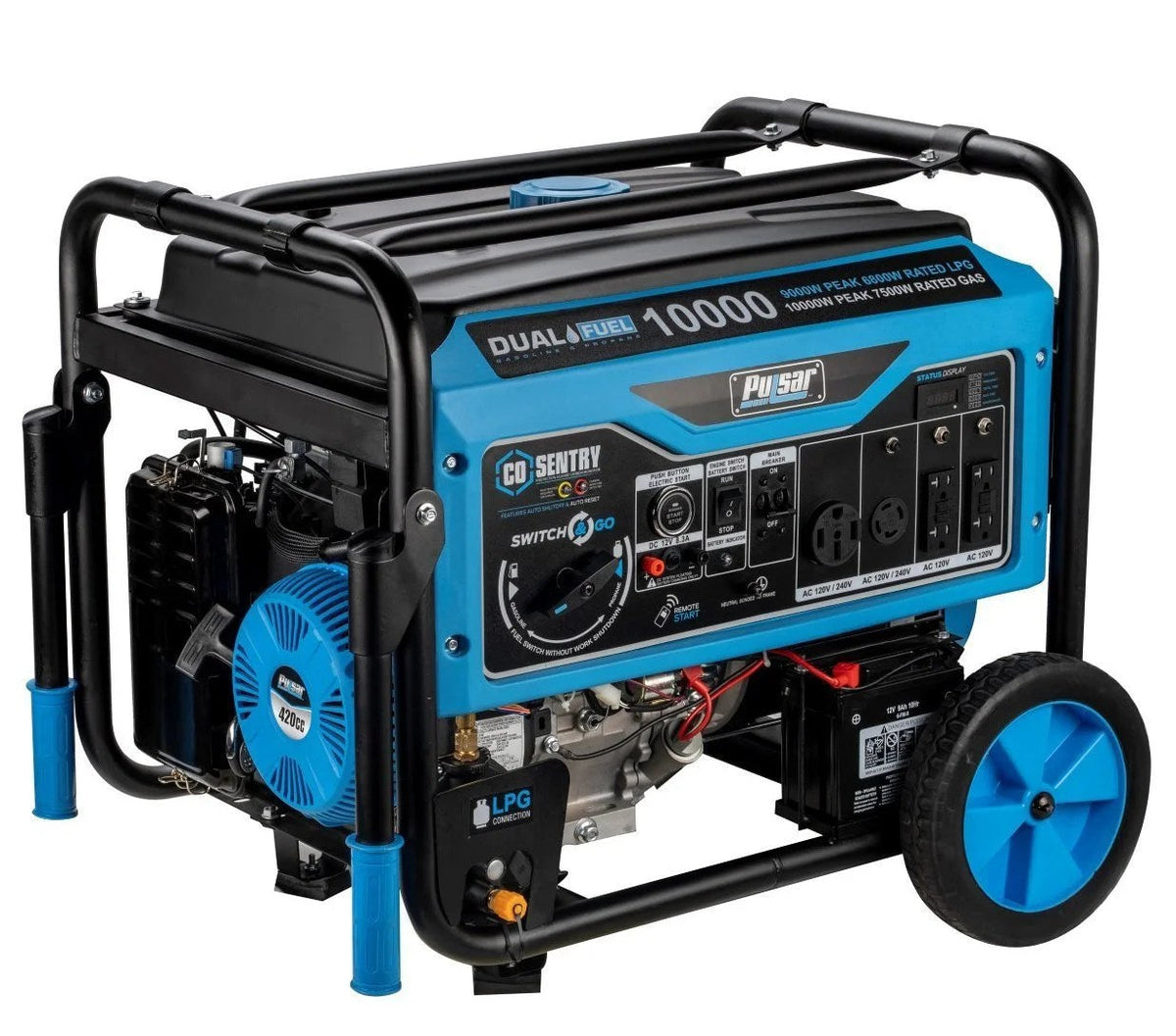 Casavibeo Pulsar 10,000 Watt dual fuel portable generator, showing the robust design and control panel of the PG10000BRCO model.
