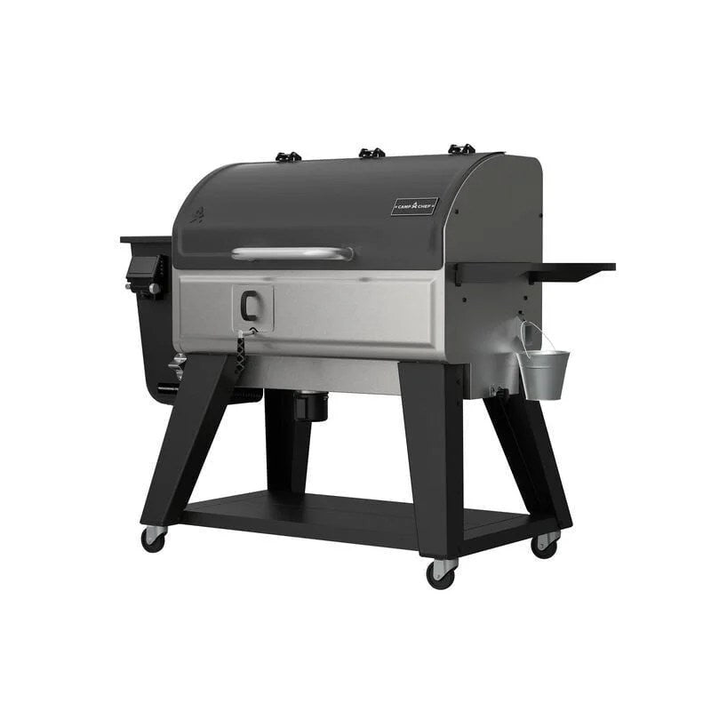 Casavibeo Camp Chef Woodwind Pro 36 pellet grill with black side shelves and control panel, viewed from the left side.