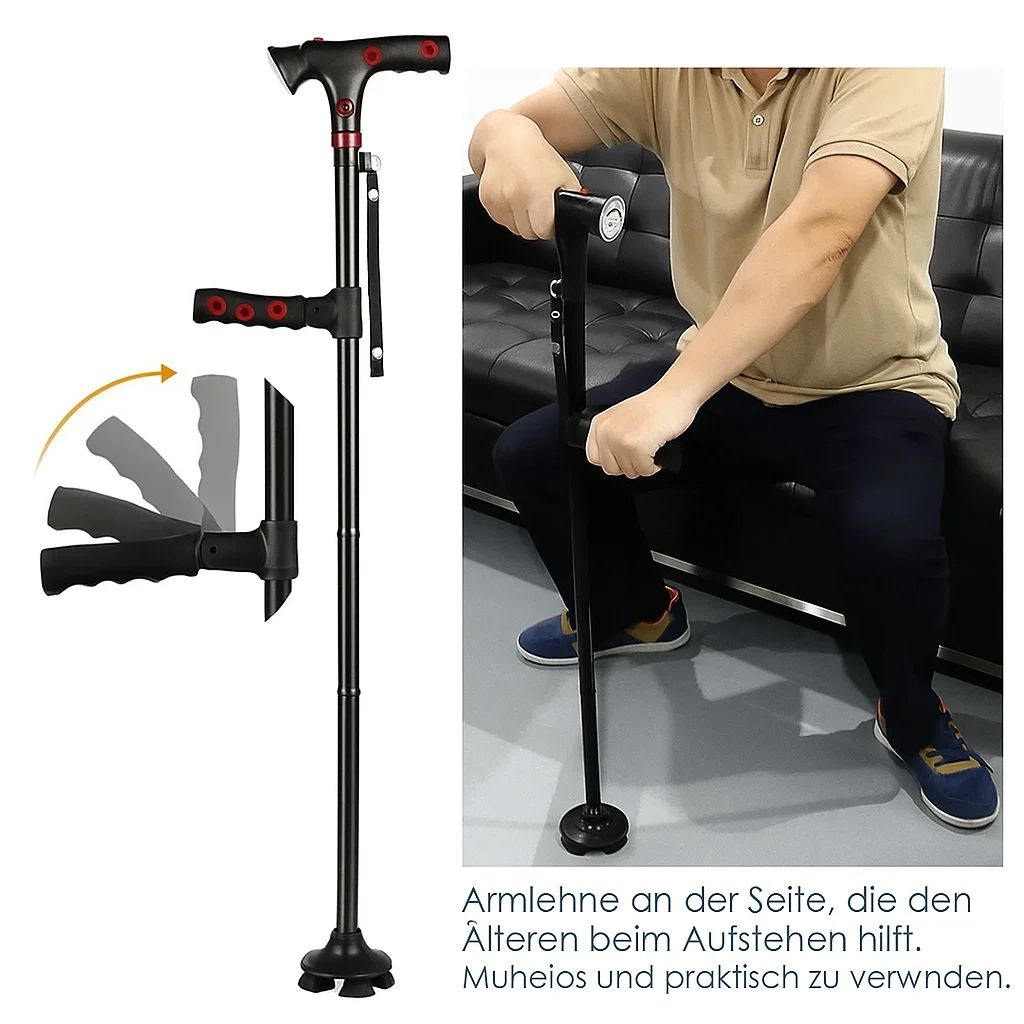 Foldable Mivoza Deutschland walking cane with LED light, alarm function, and adjustable height in a close-up view.