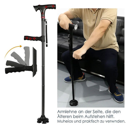 Foldable Mivoza Deutschland walking cane with LED light, alarm function, and adjustable height in a close-up view.