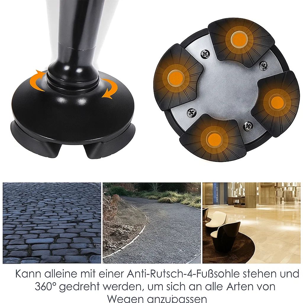 Foldable Mivoza Deutschland walking cane with LED light and alarm function, featuring adjustable height for mobility support.