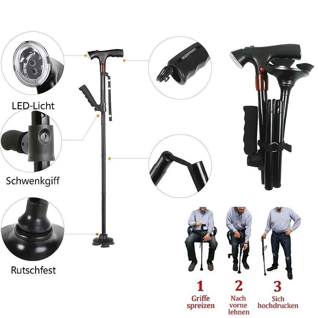 Foldable Mivoza Deutschland walking cane with LED light, alarm, and adjustable height for mobility assistance and safety.