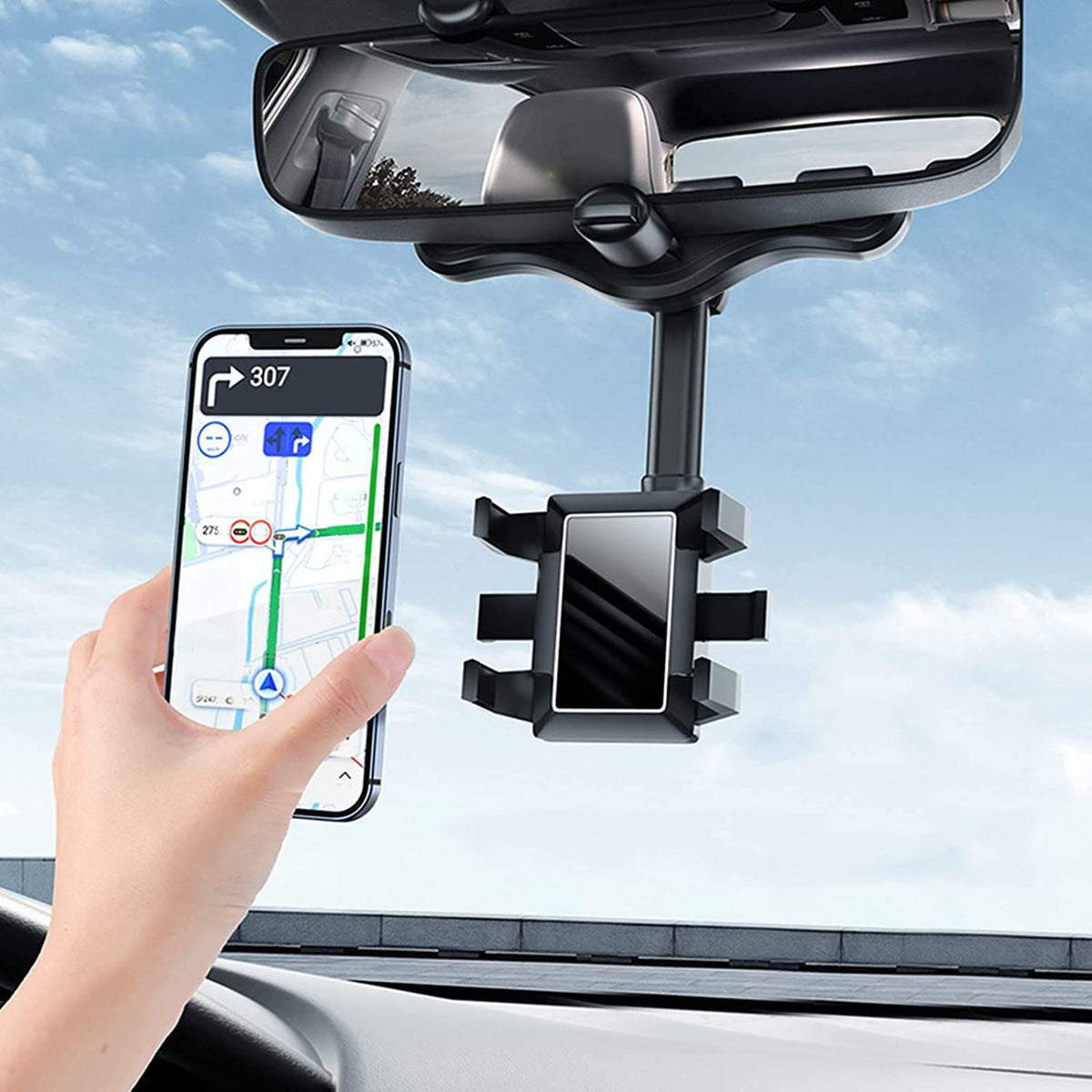 Belro universal car rearview mirror phone holder attached to rearview mirror, hands-free phone mounting for driving safety