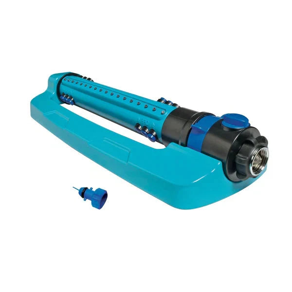 Belro wide-range oscillating above-ground garden water sprinkler system set up in a lush lawn for even watering.