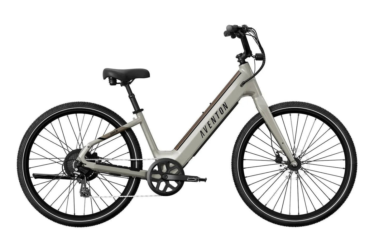 Aventon Pace 4 Step-Through electric bike with black frame and step-through design, showcased in a sleek urban setting.