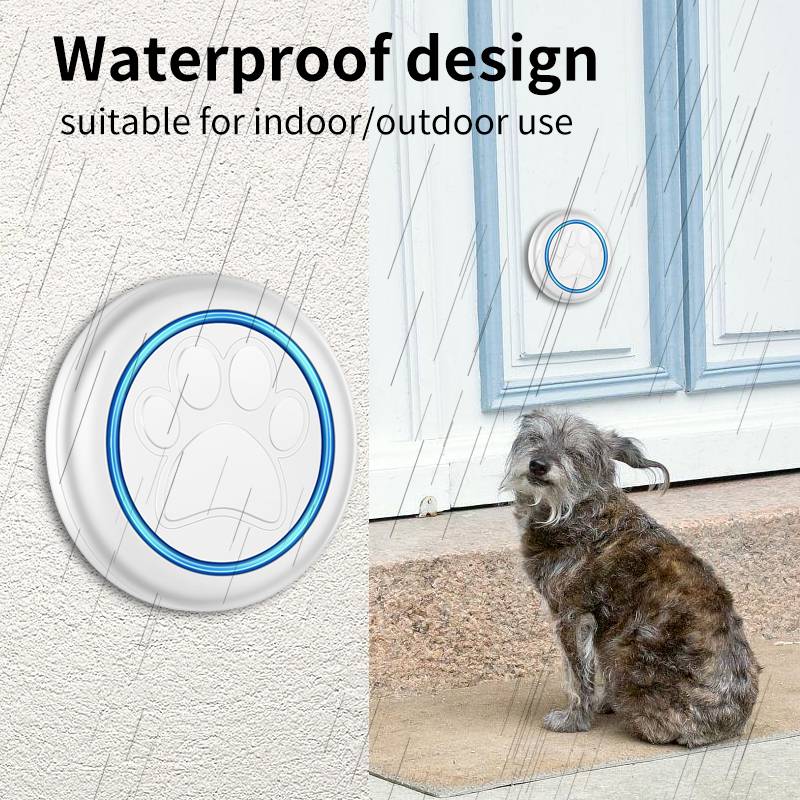Belro electronic dog door bells hanging on a door, designed for pet owner convenience and easy training.