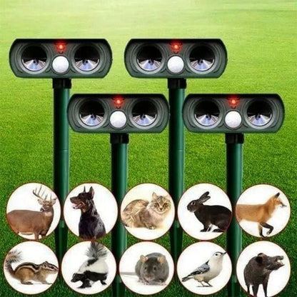 Belro infrared solar-powered animal pest repeller device for outdoor pest control, with solar panel and motion sensor.