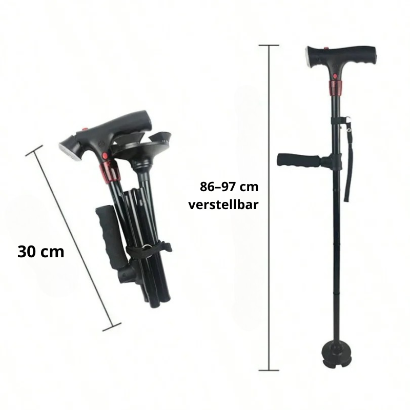 Foldable Mivoza Deutschland walking cane with LED light, alarm function, adjustable height, compact design, and sturdy grip.