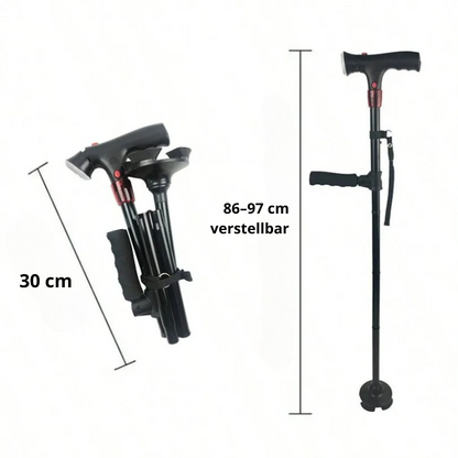 Foldable Mivoza Deutschland walking cane with LED light, alarm function, adjustable height, compact design, and sturdy grip.