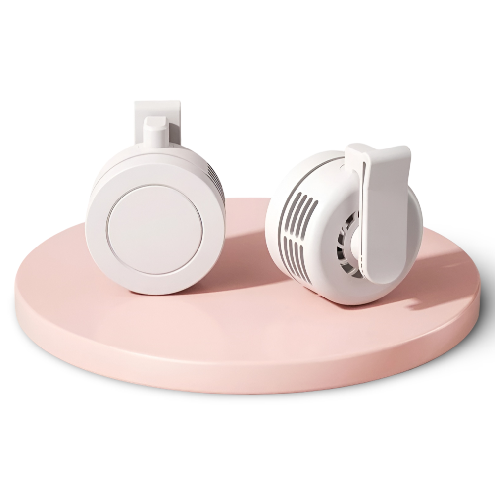 DecorsDeluxe mini clip-on neck fan, portable personal cooling fan with adjustable and foldable design, perfect for on-the-go use.