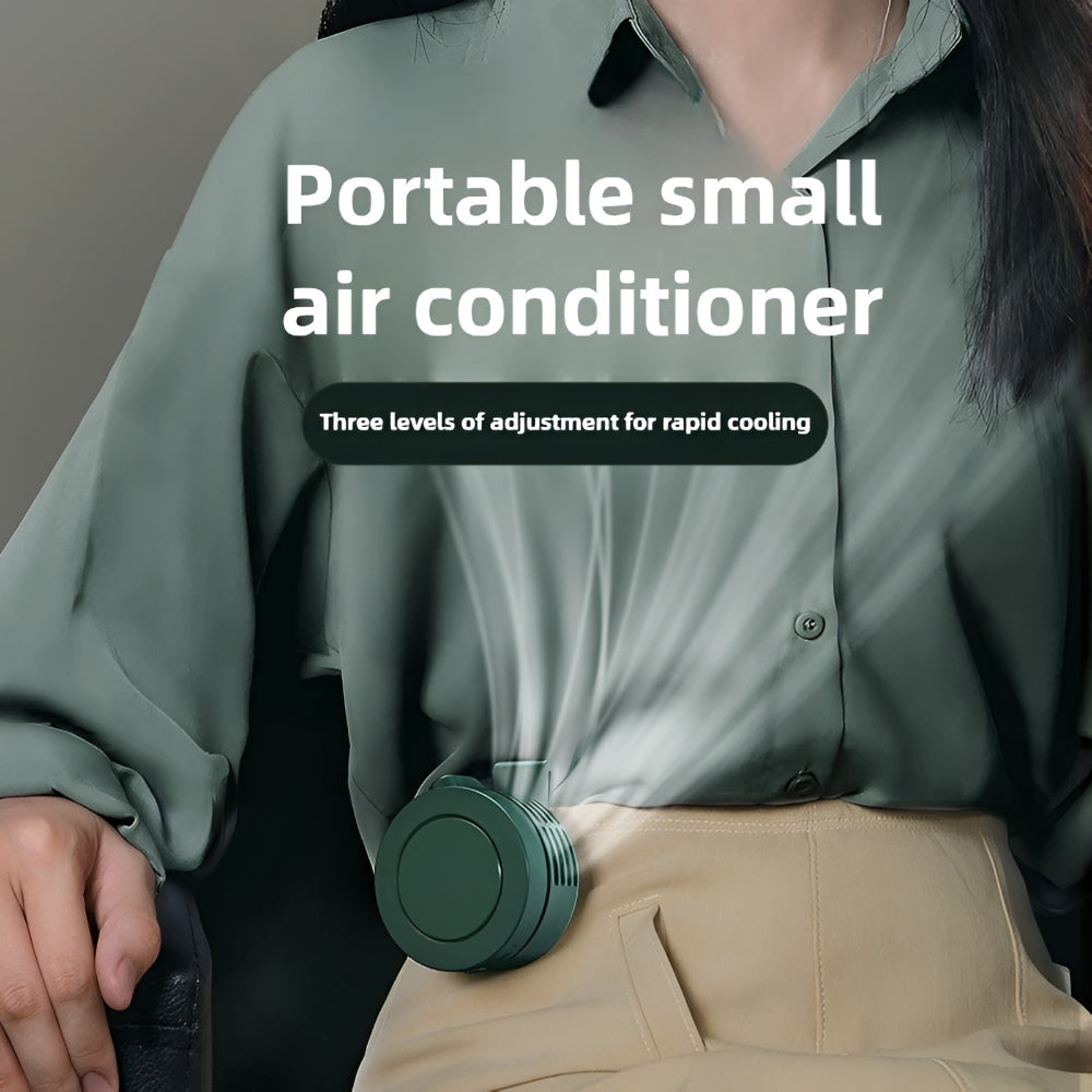 DecorsDeluxe mini clip-on neck fan, portable and foldable personal cooling fan with adjustable settings, shown in use.
