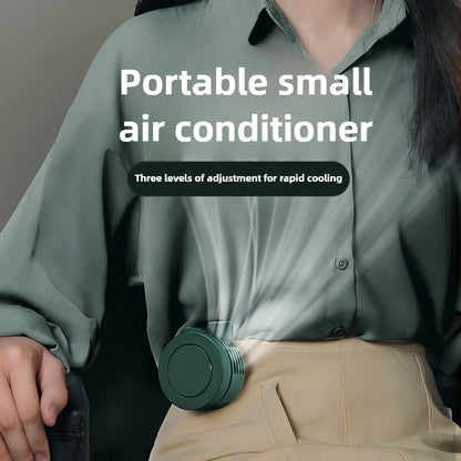 DecorsDeluxe mini clip-on neck fan, portable and foldable personal cooling fan with adjustable settings, shown in use.