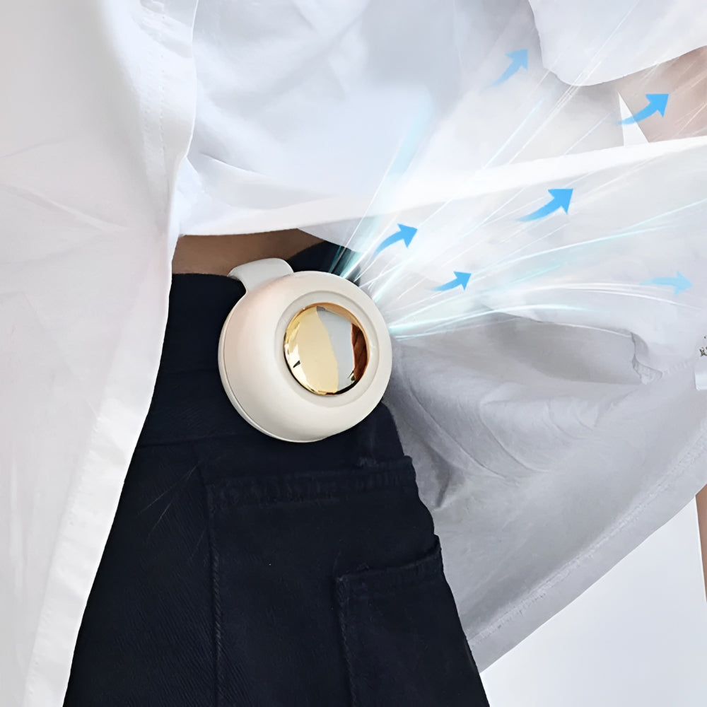 DecorsDeluxe wearable waist clip fan, portable hands-free cooling device for outdoor activities, shown clipped around the waist.