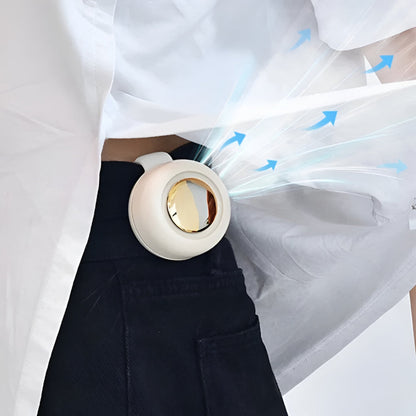 DecorsDeluxe wearable waist clip fan, portable hands-free cooling device for outdoor activities, shown clipped around the waist.