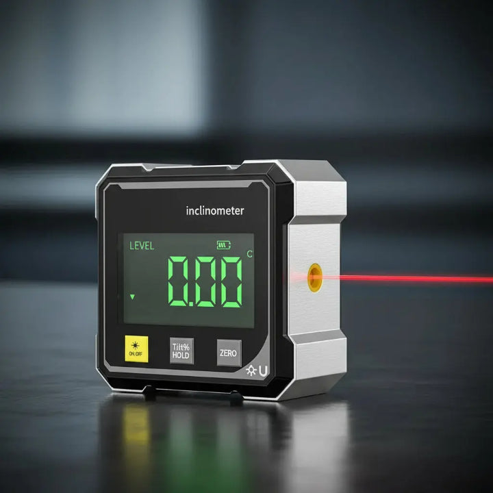 Digital laser inclinometer by Mivoza showing precise angle measurement with magnetic base on a multi-surface leveling tool.