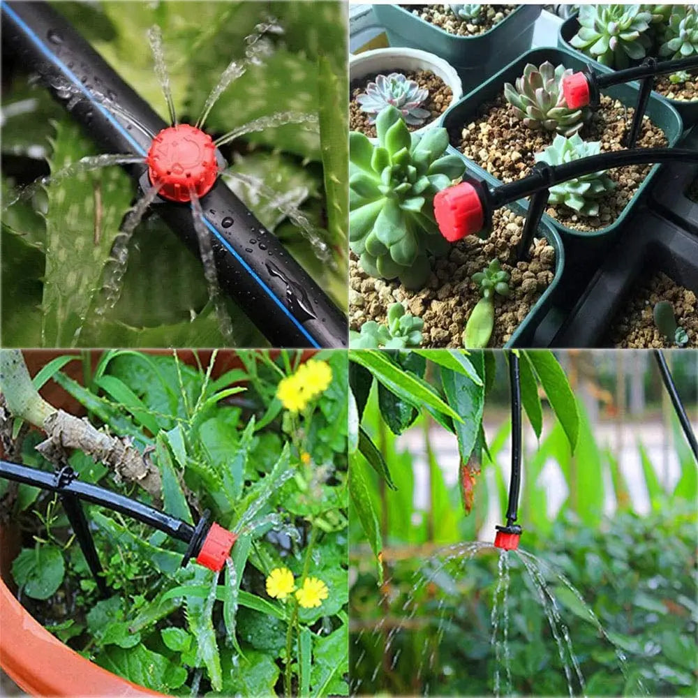 Set of 100 adjustable drip irrigation drippers from Mivoza for precise and efficient garden plant watering.