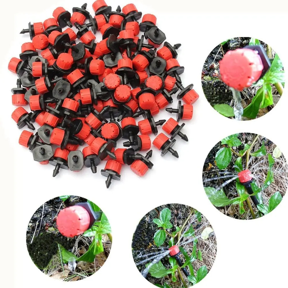 Set of 100 Mivoza drip irrigation drippers for precise, adjustable garden watering and efficient plant hydration.