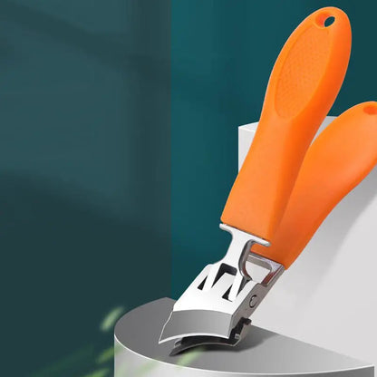 Mivoza heavy-duty nail clipper with wide handle and splash guard, designed for thick nails, in a close-up view.