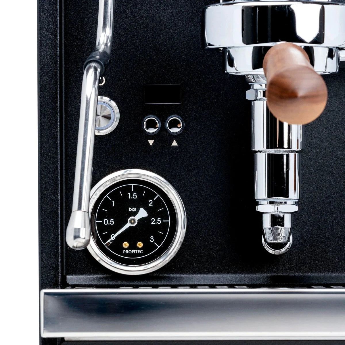 Profitec Ride espresso machine in black walnut finish, showcasing sleek design and detailed craftsmanship by Casavibeo.